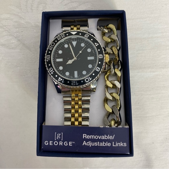 GEORGE GOLD/SILVER TONE ADJUSTABLE/REMOVEABLE LINKS  MEN'S WATCH & BRACLET SET - Picture 2 of 2